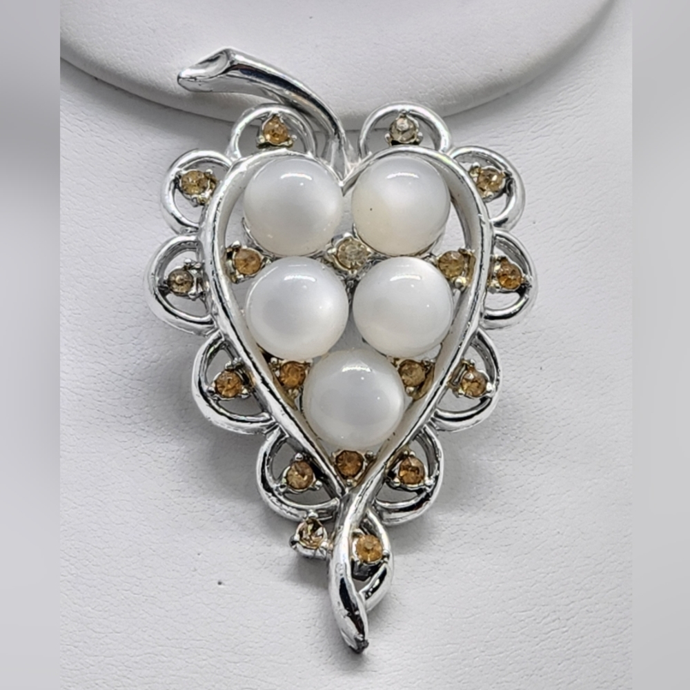 50s Vintage CORO Heart Brooch Silver Tone White Cabochons Golden Rhinestones Pin